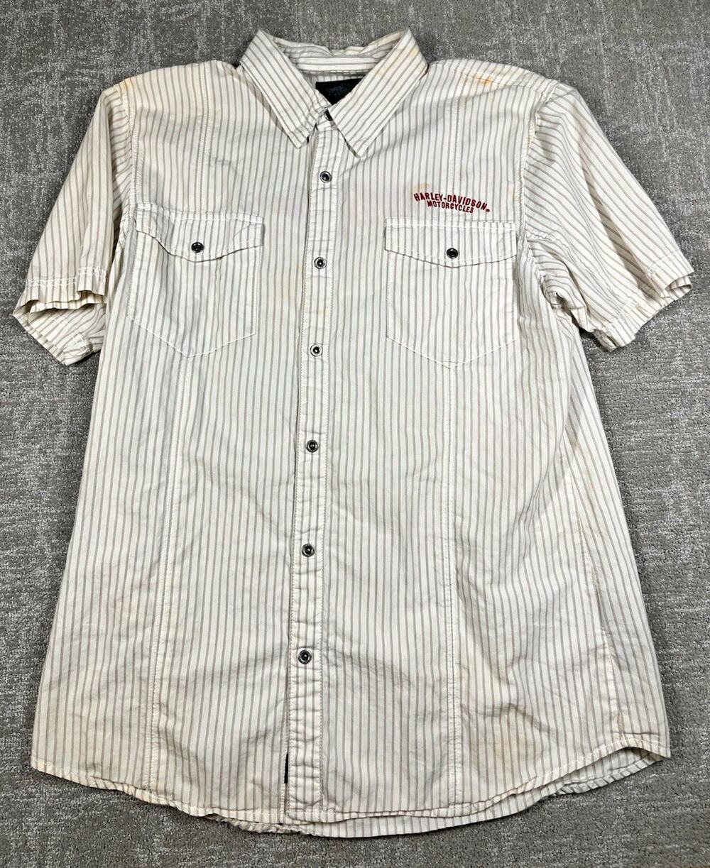 Harley-Davidson Garage Striped Short Sleeve Button Up Shirt Cotton Pockets XL
